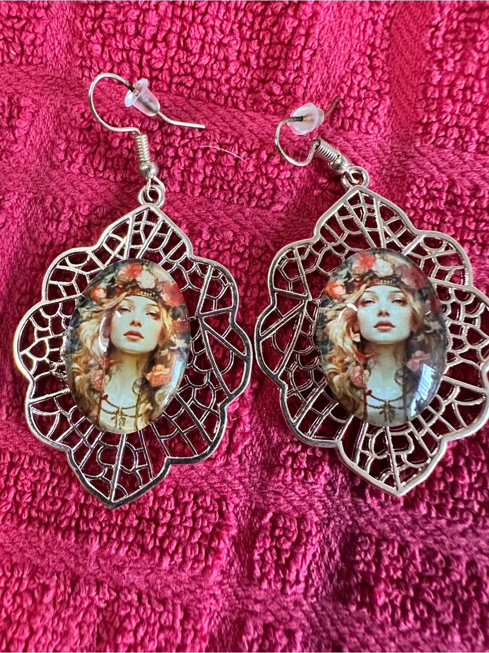Gold Filigree Oval Portrait Drop Earrings in Pink